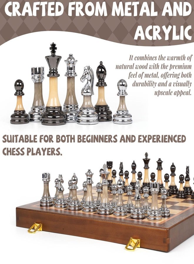 GHOOI Luxury Large Chess Set 17 Inch Wooden Chess Board with Metal and Acrylic Chess Pieces, 3.5" King, 2 Extra Queens, Foldable Tournament Chess Set for Adults and Kids, Gift Display Chess Game Collection - Image 2
